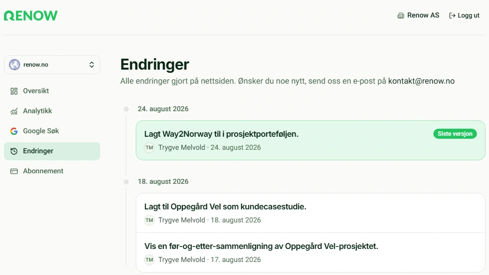 Endringer i kundeportalen, en tidslinje med endringer på nettsiden